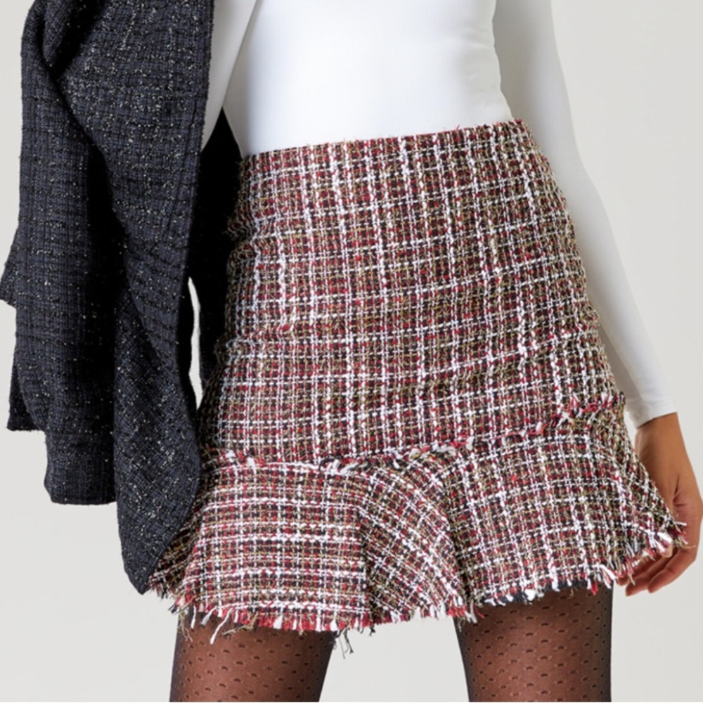 Francesca’s Tweed Mini Skirt Size XL multi colored black burgundy white and gold